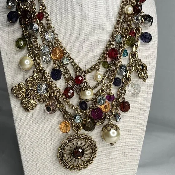 Multi-Strand Gold Chain Necklace With Colorful Beads Faux Pearls - Picture 2 of 4